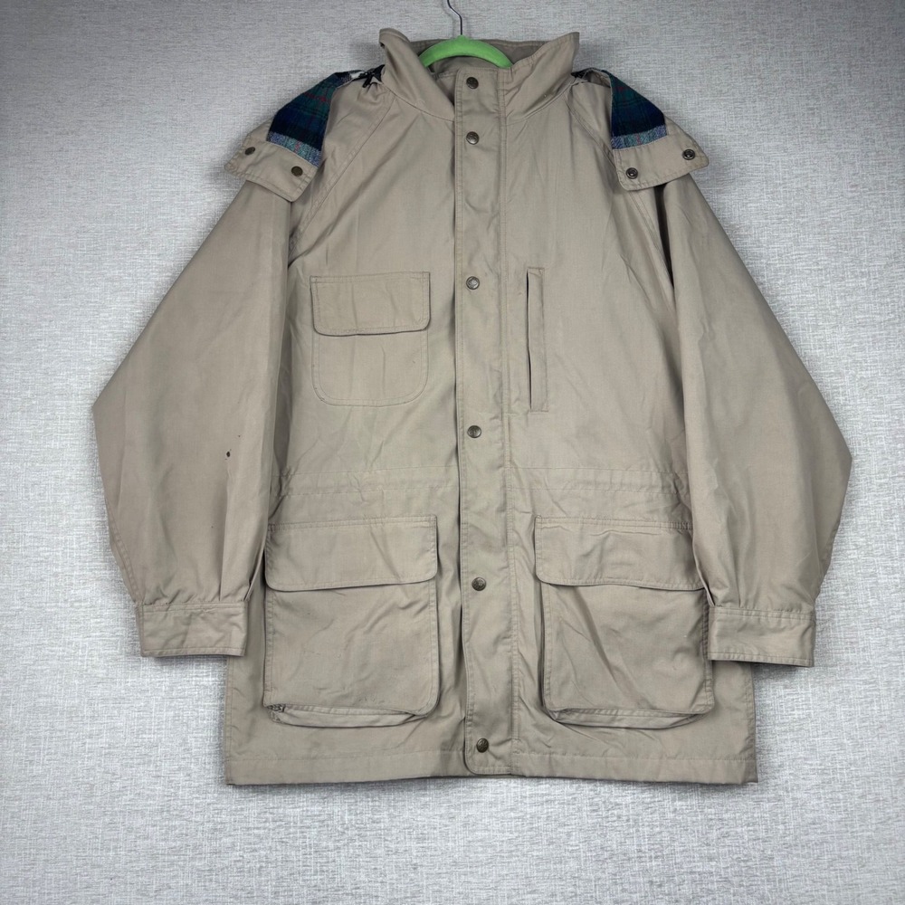 Vintage Eddie Bauer Mens Large Field Jacket Tan Plaid Wool Lined Hooded Khaki